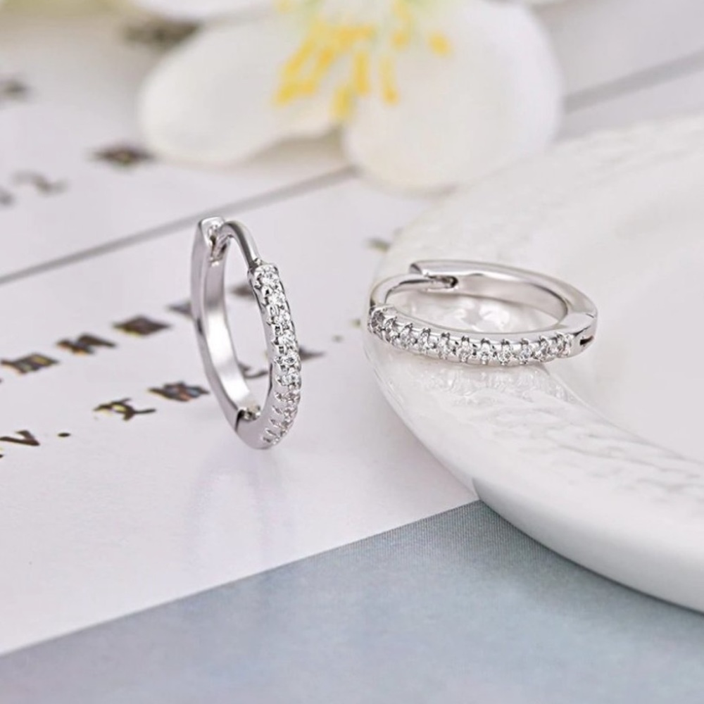 NEW 925 Sterling Silver Diamond Hoop Earrings - Picture 7 of 7